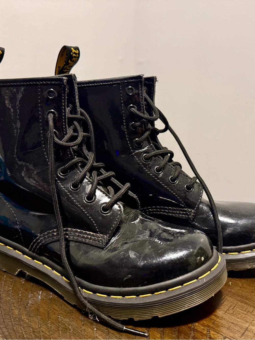 Dr. Martens Black Patent Lace-Up Combat Boots with Yellow Stitching